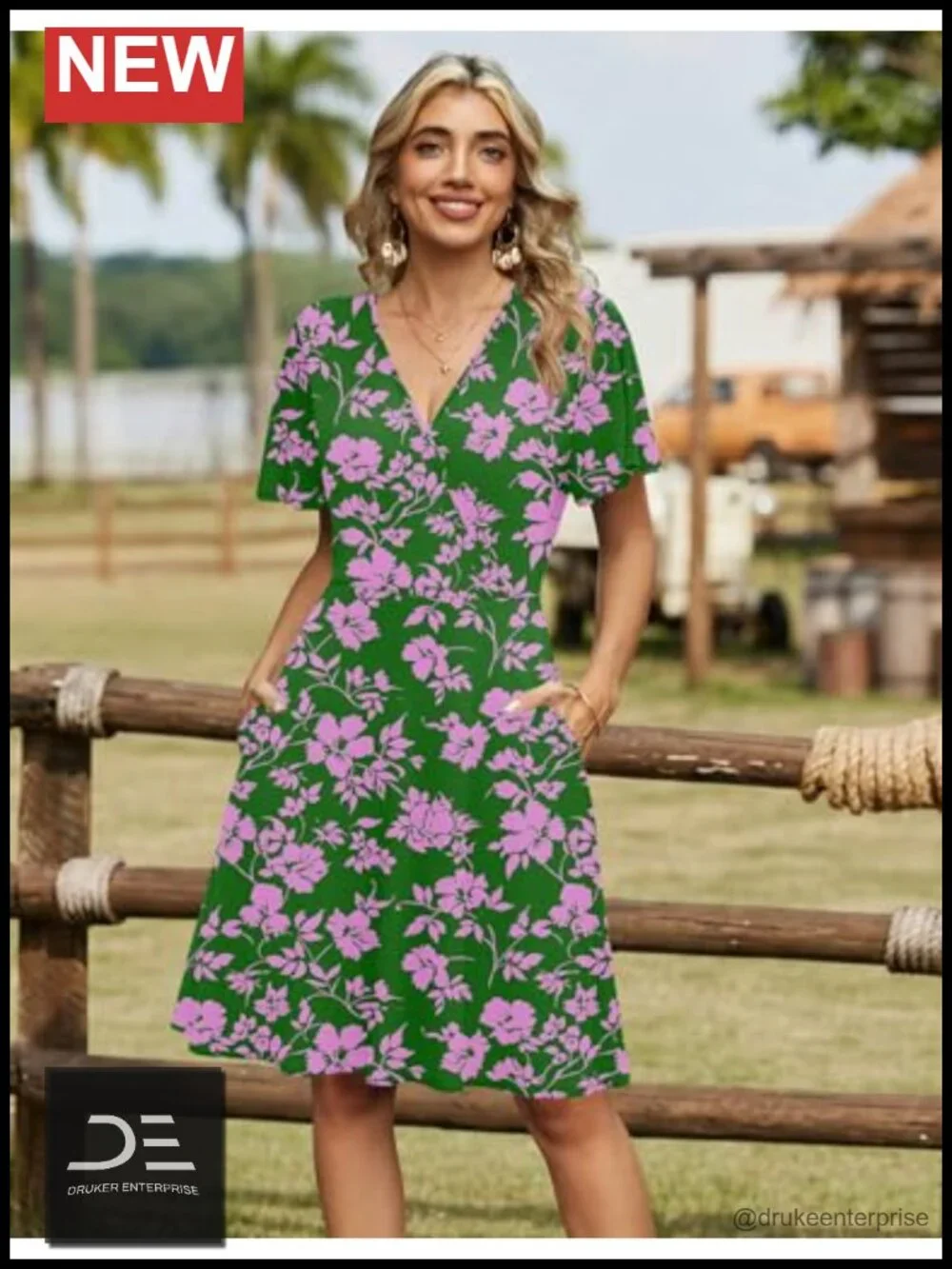 Wrap V Neck A-Line Ruffle Sleeve Sundress with Pockets Floral Print Knee-Length